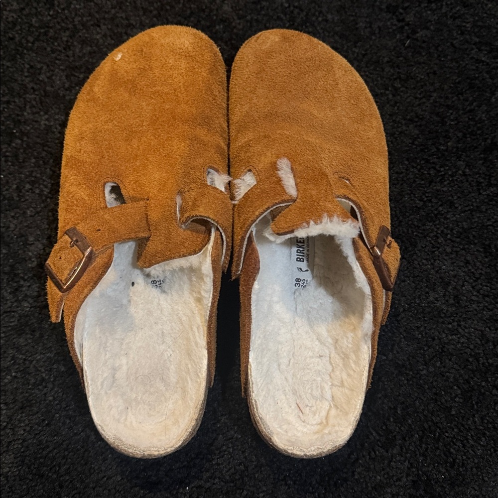 Birkenstock Tan Suede Shearling Clogs